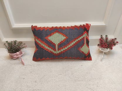 Handmade Kilim Pillow Cover: Upcycled Woven Rug, Ethnic Design (12x20 in)