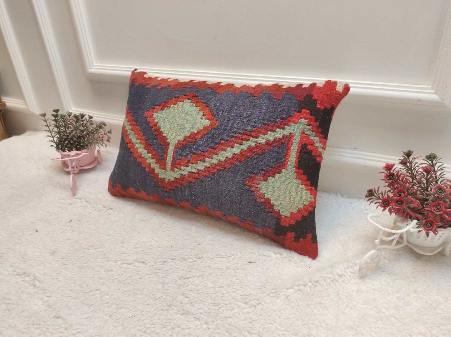 Handmade Kilim Pillow Cover: Upcycled Woven Rug, Ethnic Design (12x20 in)