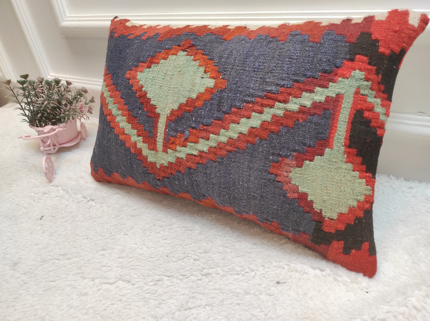 Handmade Kilim Pillow Cover: Upcycled Woven Rug, Ethnic Design (12x20 in)