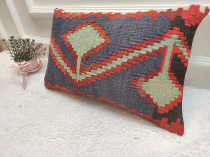 Handmade Kilim Pillow Cover: Upcycled Woven Rug, Ethnic Design (12x20 in)