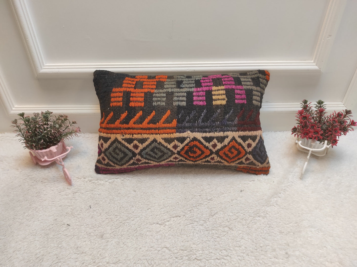 Handmade Kilim Pillow Cover: Upcycled Woven Rug, Ethnic Lumbar Cushion (12x20 inc)