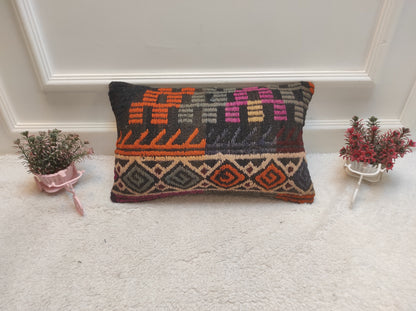 Handmade Kilim Pillow Cover: Upcycled Woven Rug, Ethnic Lumbar Cushion (12x20 inc)