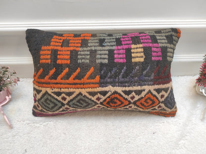 Handmade Kilim Pillow Cover: Upcycled Woven Rug, Ethnic Lumbar Cushion (12x20 inc)