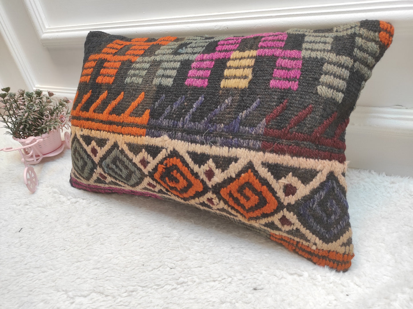 Handmade Kilim Pillow Cover: Upcycled Woven Rug, Ethnic Lumbar Cushion (12x20 inc)