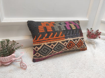 Handmade Kilim Pillow Cover: Upcycled Woven Rug, Ethnic Lumbar Cushion (12x20 inc)