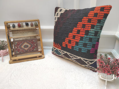 Handmade Kilim Pillow Cover: Upcycled Woven Rug, Geometric Design (18x18 inc)