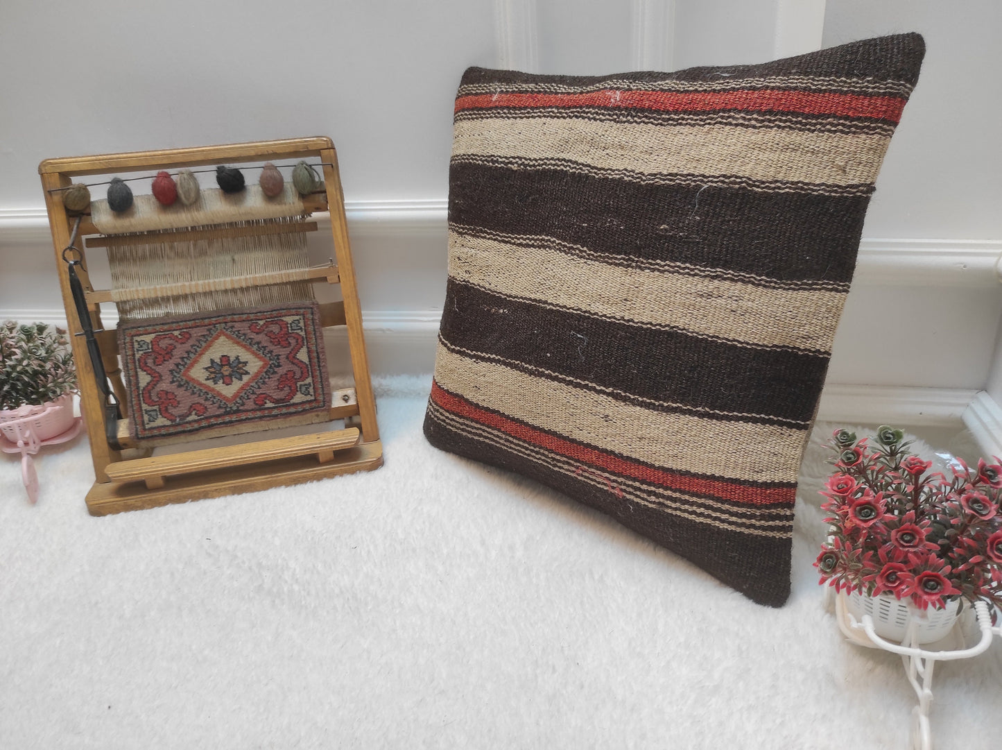 Handwoven Kilim Pillow Cover: Upcycled Rug, Bohemian Decor (18 x 18 in)