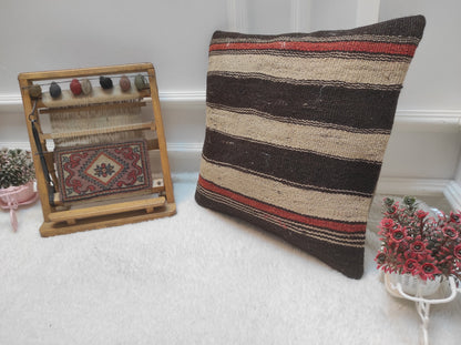 Handwoven Kilim Pillow Cover: Upcycled Rug, Bohemian Decor (18 x 18 in)