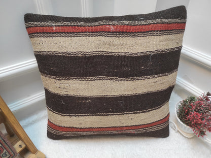 Handwoven Kilim Pillow Cover: Upcycled Rug, Bohemian Decor (18 x 18 in)