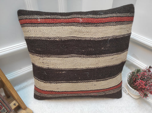 Handwoven Kilim Pillow Cover: Upcycled Rug, Bohemian Decor (18 x 18 in)
