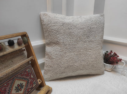 Handmade White Kilim Pillow Cover: Upcycled Turkish Rug, 18x18