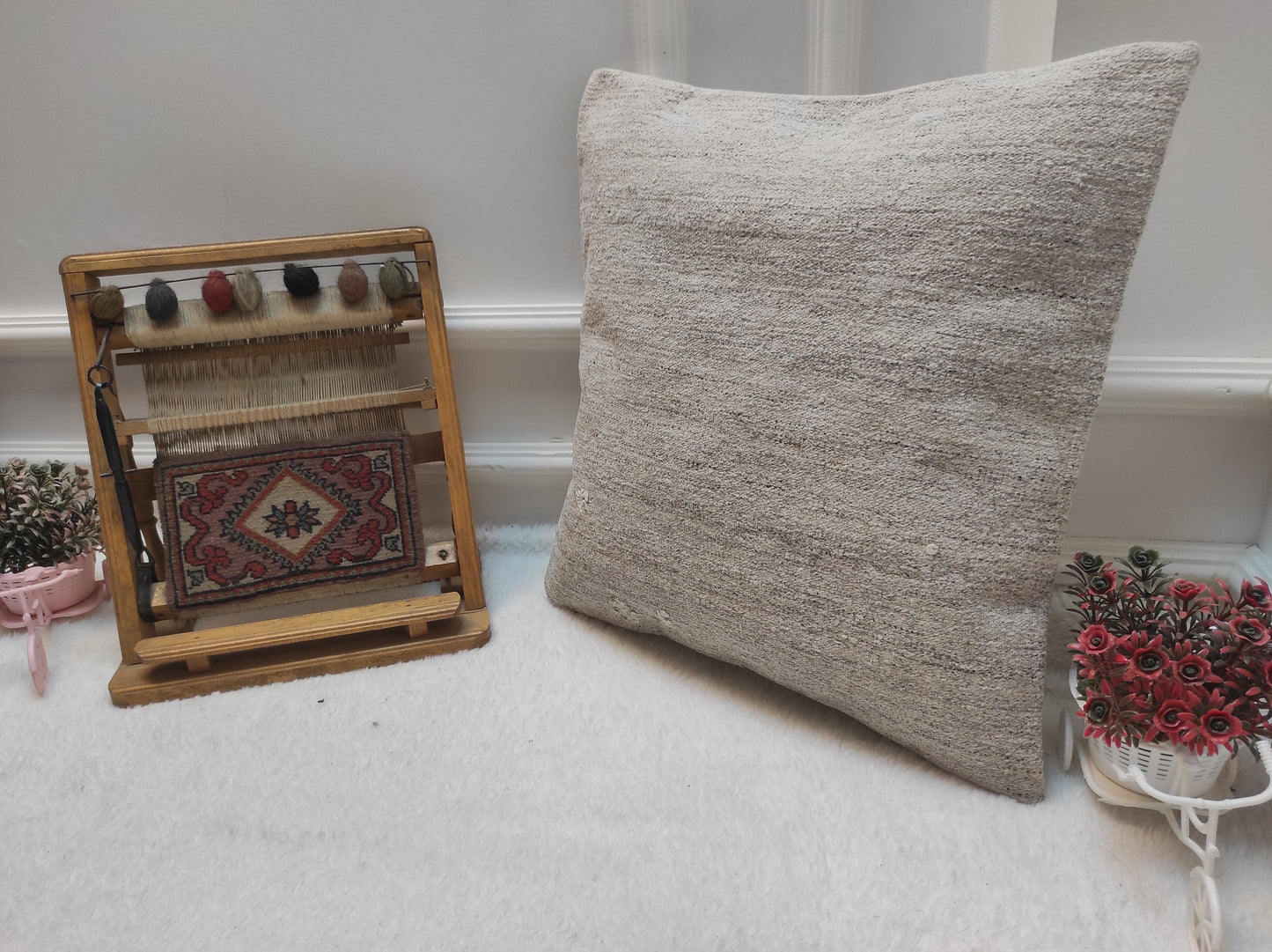 Handwoven Kilim Pillow Cover: White Bohemian Rug Pillow (18x18 in)