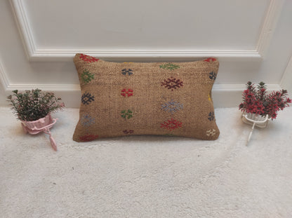 Handmade Kilim Pillow Cover: Upcycled Woven Wool Lumbar Pillow (12x20 in)