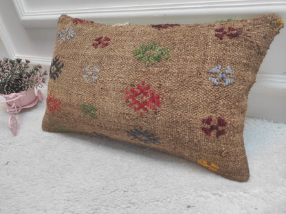 Handmade Kilim Pillow Cover: Upcycled Woven Rug, Tribal Design (12x20 in)