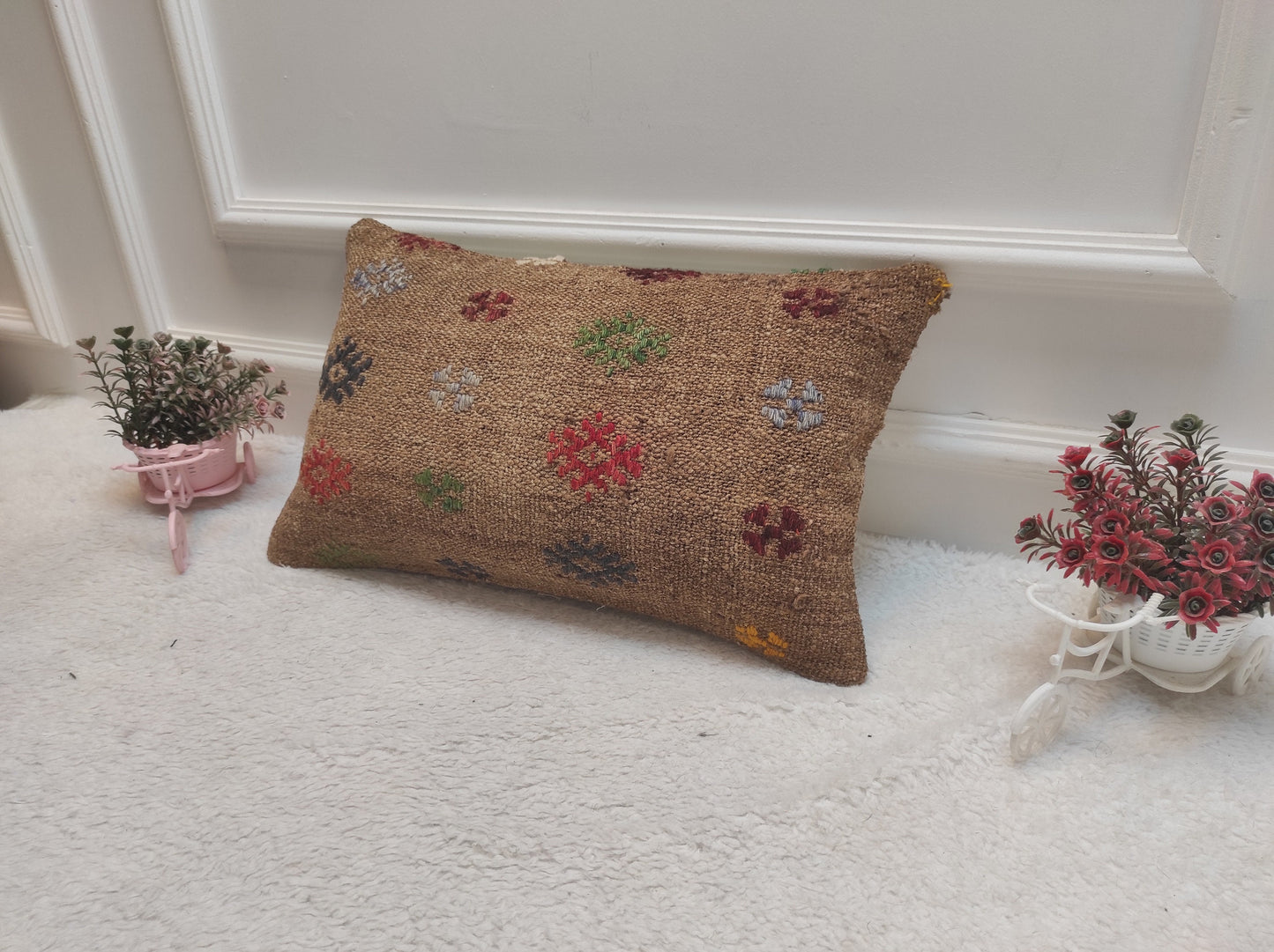 Handmade Kilim Pillow Cover: Upcycled Woven Rug, Tribal Design (12x20 in)
