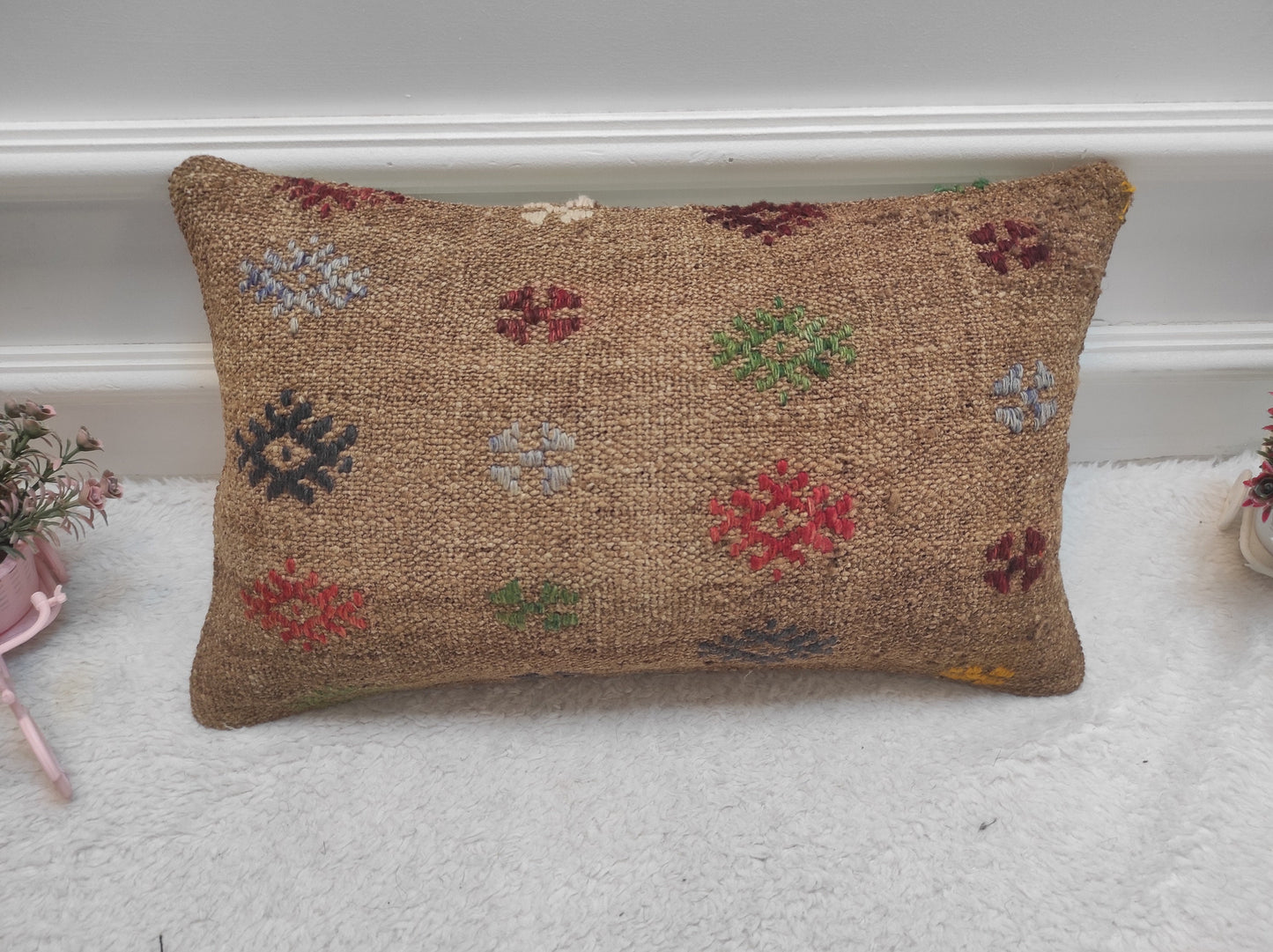 Handmade Kilim Pillow Cover: Upcycled Woven Rug, Tribal Design (12x20 in)