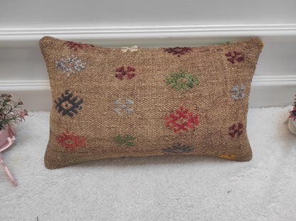 Handmade Kilim Pillow Cover: Upcycled Woven Rug, Tribal Design (12x20 in)