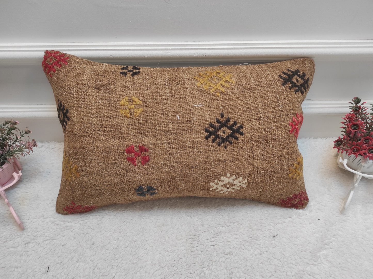 Handmade Kilim Pillow Cover: Brown Anatolian Woven Rug, 12x20 in