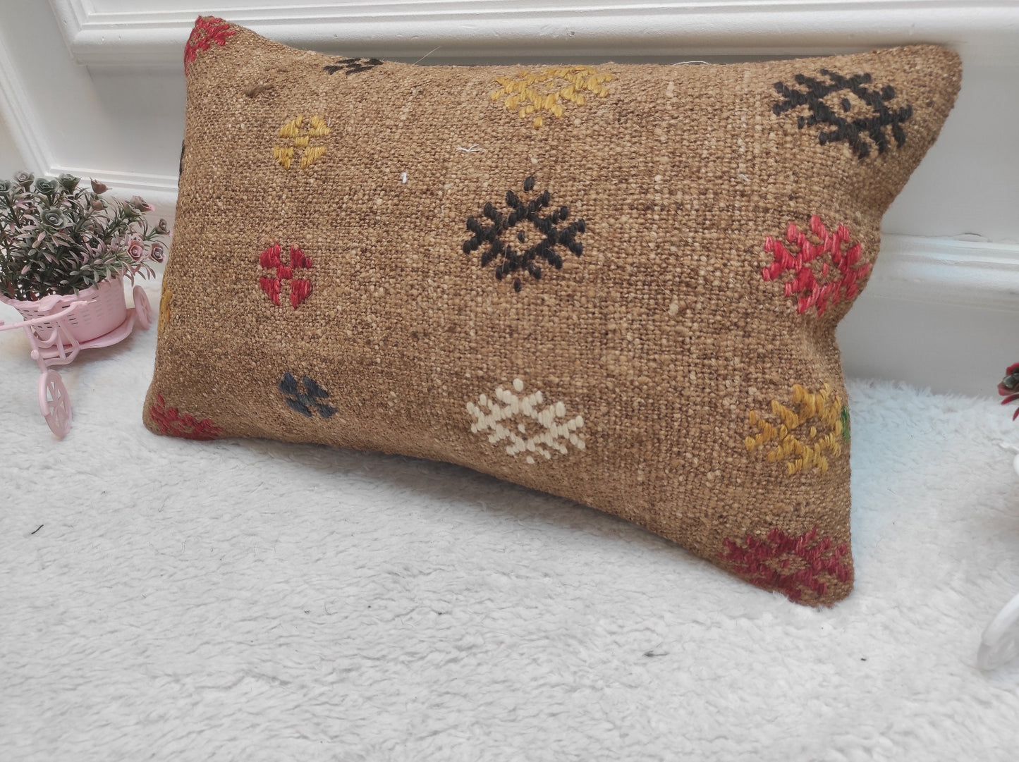 Handmade Kilim Pillow Cover: Brown Anatolian Woven Rug, 12x20 in
