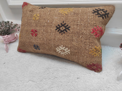 Handmade Kilim Pillow Cover: Brown Anatolian Woven Rug, 12x20 in