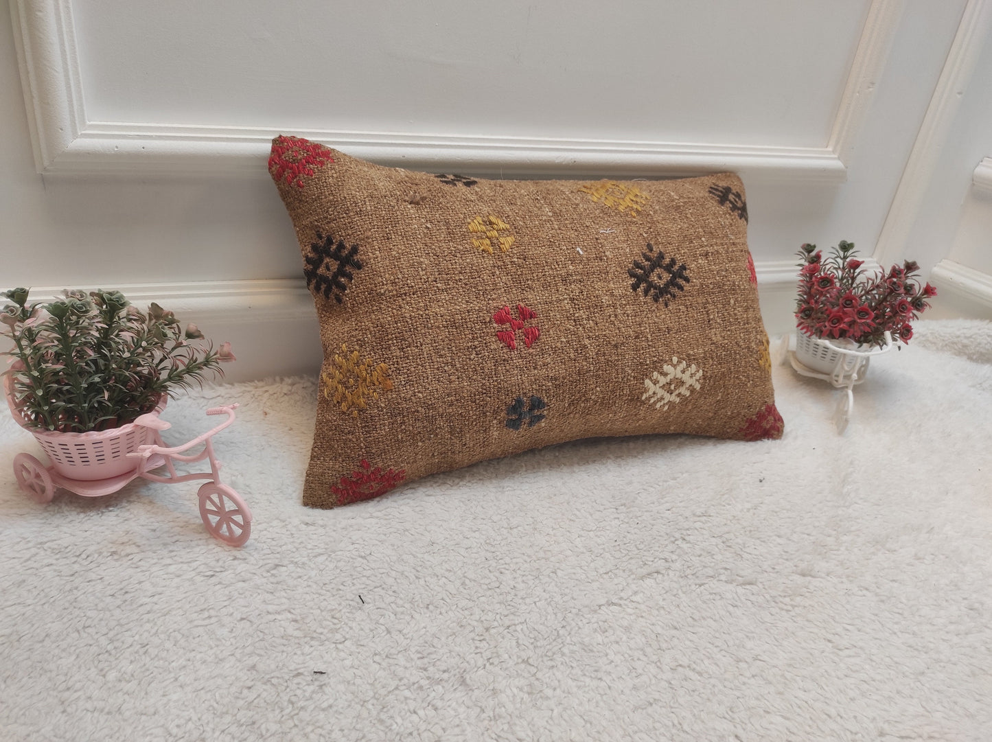 Handmade Kilim Pillow Cover: Brown Anatolian Woven Rug, 12x20 in