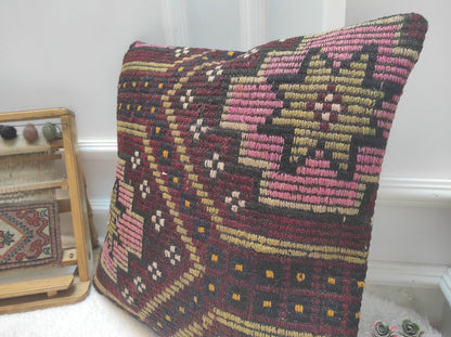 Handwoven Kilim Pillow Cover: Upcycled Ethnic Rug, 20x20