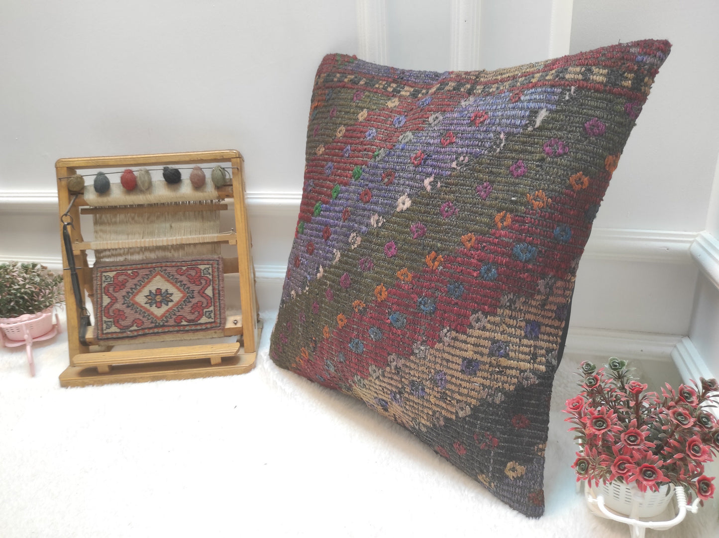 Handmade Kilim Pillow Cover: Upcycled Woven Rug, Bohemian Decor (20 x 20 in)