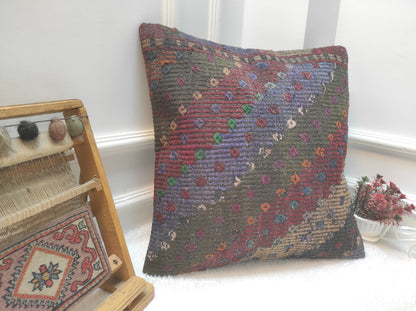 Handmade Kilim Pillow Cover: Upcycled Woven Rug, Bohemian Decor (20 x 20 in)