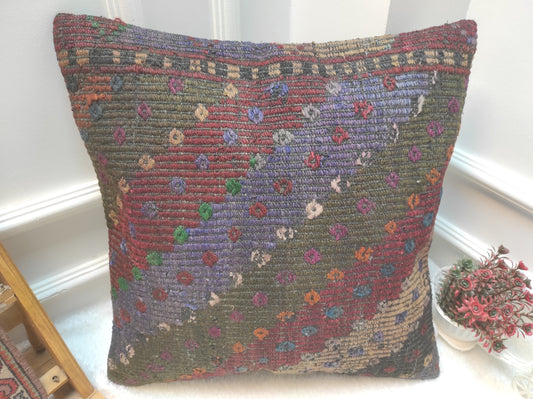 Handmade Kilim Pillow Cover: Upcycled Woven Rug, Bohemian Decor (20 x 20 in)