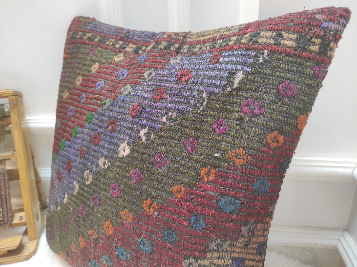 Handmade Kilim Pillow Cover: Upcycled Woven Rug, Bohemian Decor (20 x 20 in)