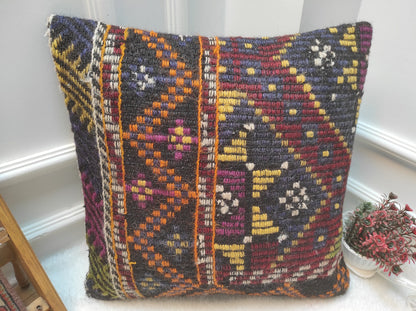 Handwoven Kilim Pillow Cover: Bohemian Rug Pillow, 20x20 inch
