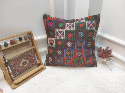 Handmade Kilim Pillow Cover: Upcycled Woven Rug, Bohemian Decor (20x20 inc)