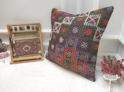 Handmade Kilim Pillow Cover: Upcycled Woven Rug, Bohemian Decor (20x20 inc)