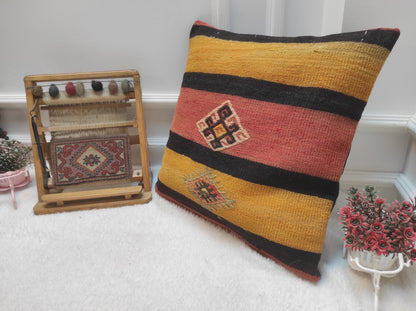 Handmade Kilim Pillow Cover: Upcycled Woven Rug, Yellow 20x20 inc