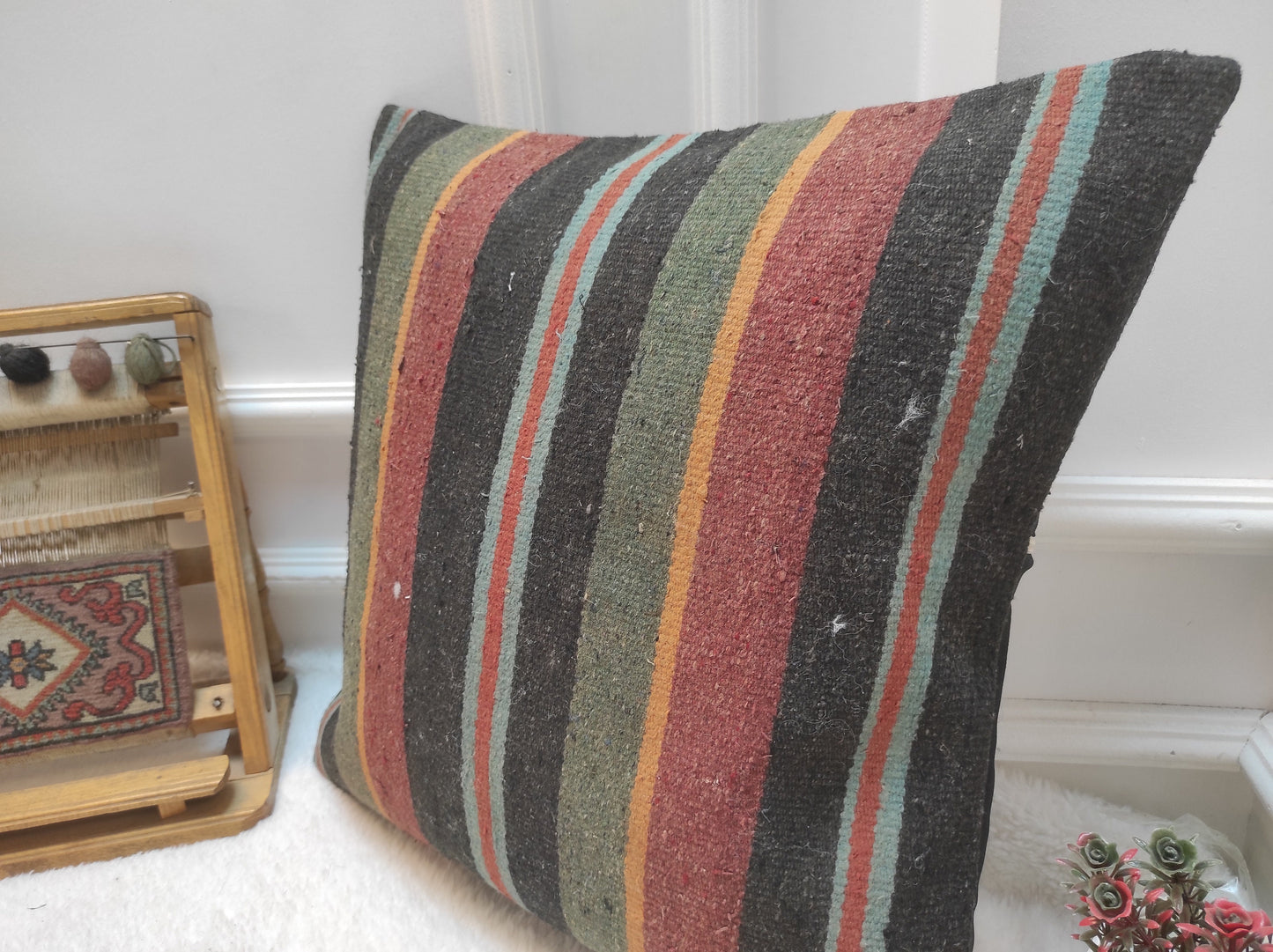 Handmade Kilim Pillow Cover: Upcycled Woven Rug, 20x20 inc