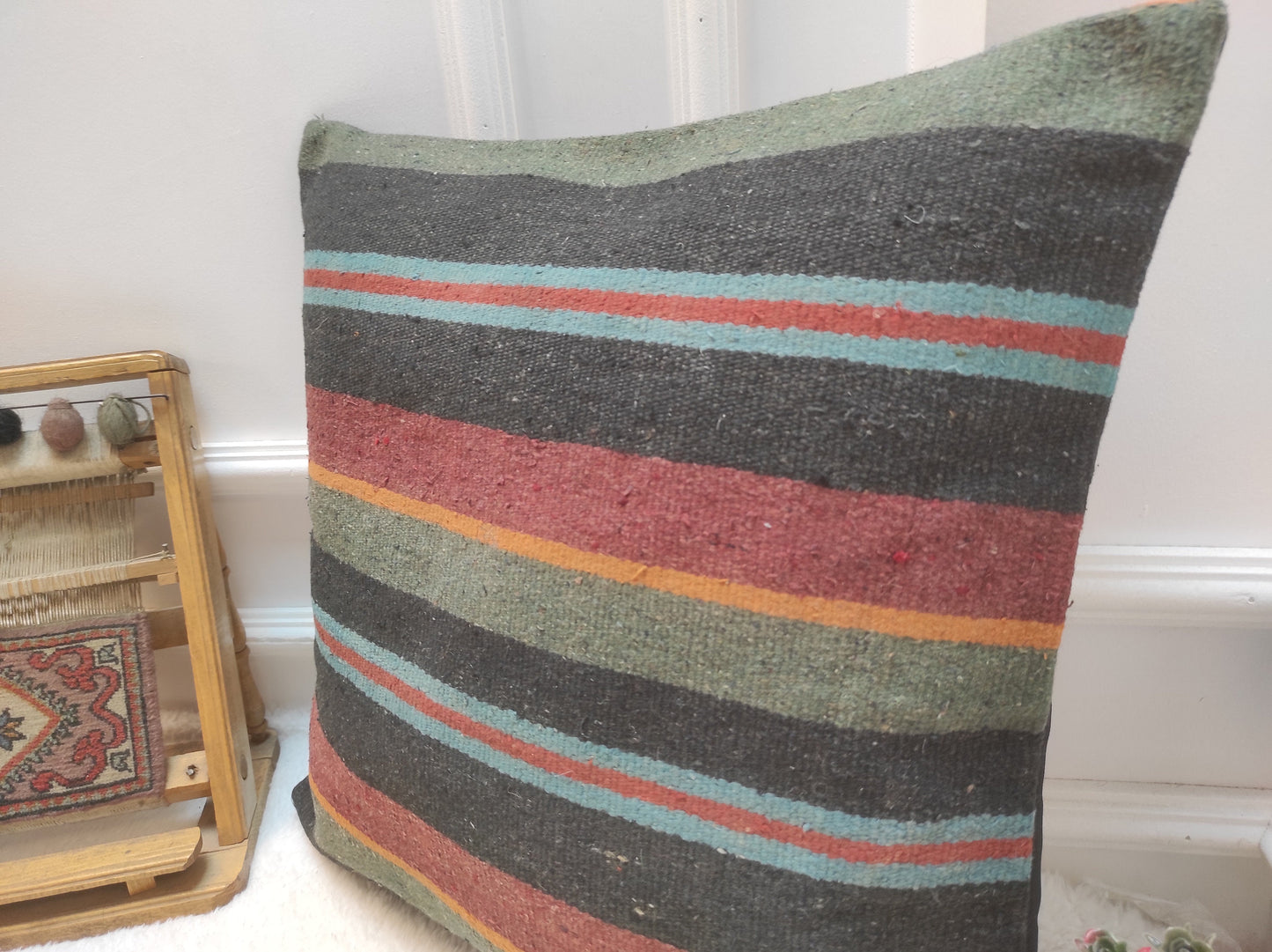 Handmade Kilim Pillow Cover: Upcycled Woven Rug, Bohemian Decor (20 x 20 inc)