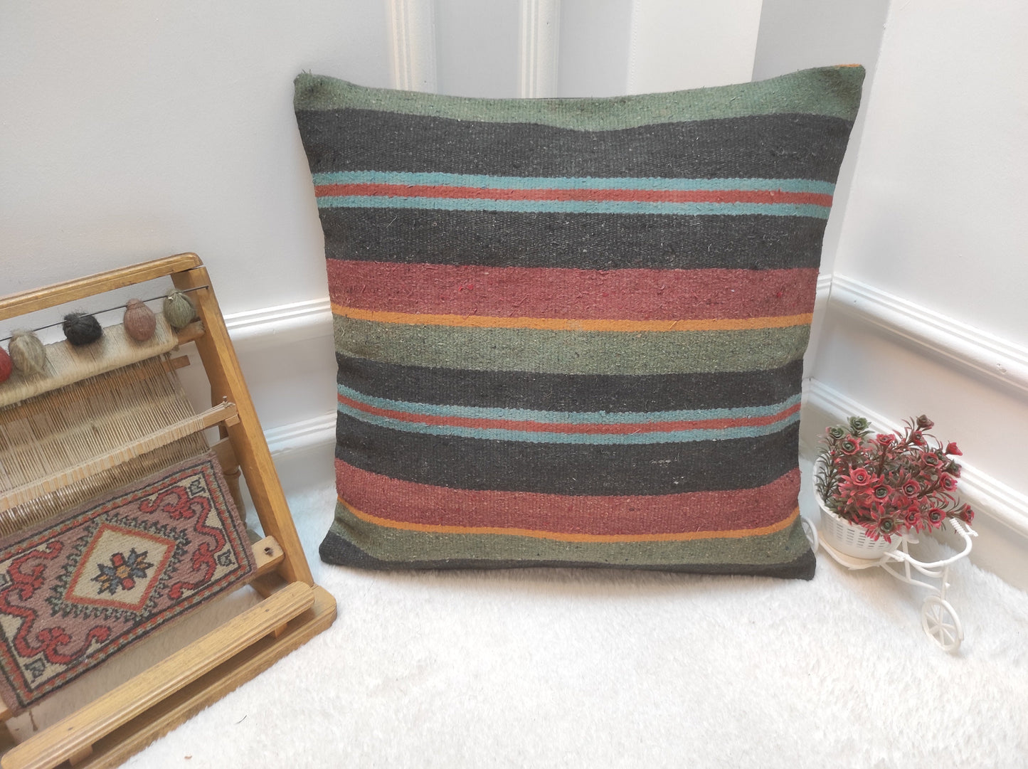 Handmade Kilim Pillow Cover: Upcycled Woven Rug, Bohemian Decor (20 x 20 inc)