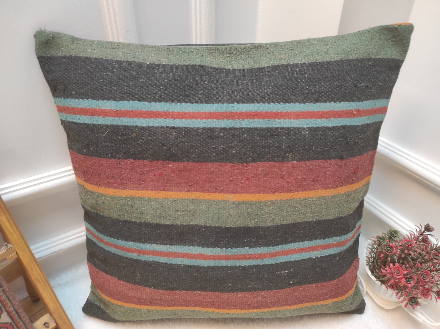 Handmade Kilim Pillow Cover: Upcycled Woven Rug, Bohemian Decor (20 x 20 inc)