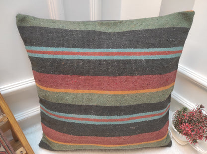 Handmade Kilim Pillow Cover: Upcycled Woven Rug, Bohemian Decor (20 x 20 inc)
