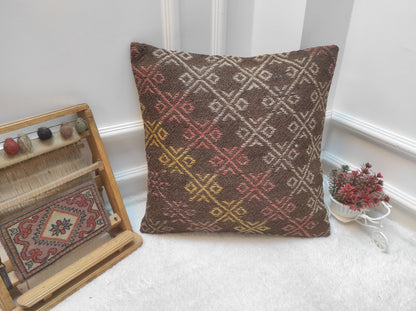 Handmade Kilim Pillow Cover: Upcycled Woven Rug, Bohemian Decor (20x20 in)