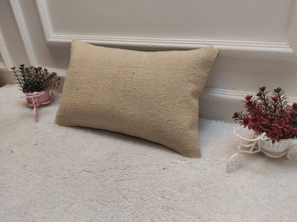 Handwoven White Kilim Pillow: Upcycled Anatolian Wool Lumbar Cover (12x20 in)