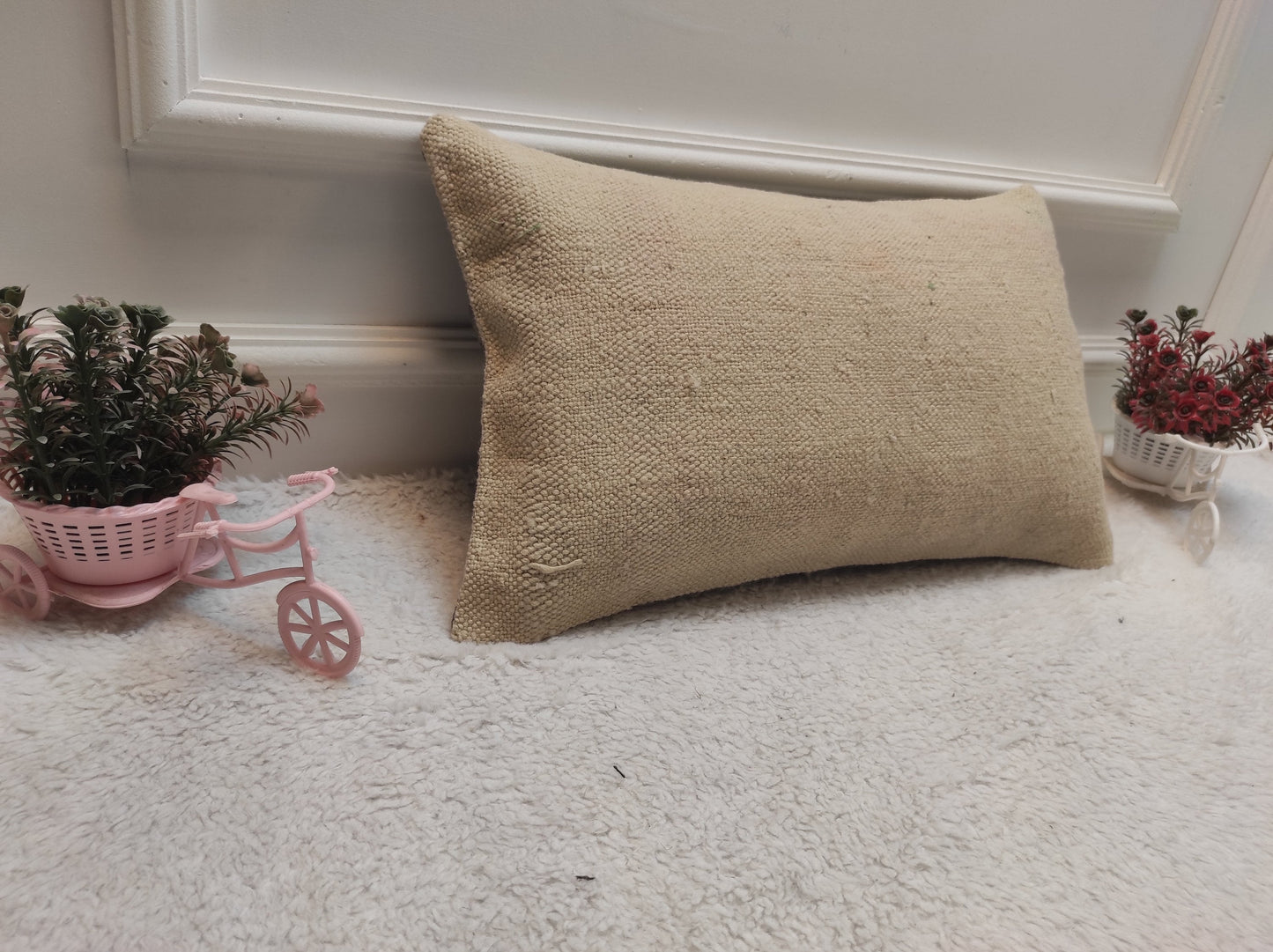 Handwoven White Kilim Pillow: Upcycled Anatolian Wool Lumbar Cover (12x20 in)