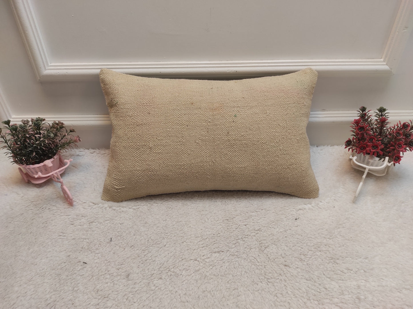 Handwoven White Kilim Pillow: Upcycled Anatolian Wool Lumbar Cover (12x20 in)