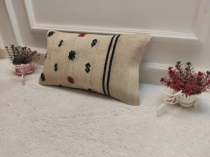Handmade Kilim Pillow Cover: White Bohemian Lumbar Pillow (12x20 in)