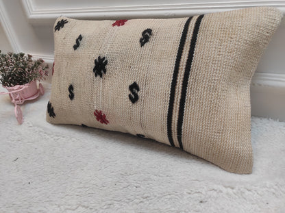 Handmade Kilim Pillow Cover: White Bohemian Lumbar Pillow (12x20 in)