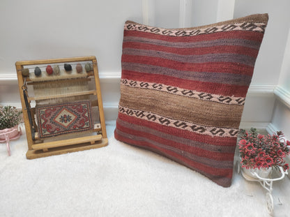 Handmade Kilim Pillow Cover: Upcycled Woven Rug, Red, 20x20