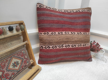 Handmade Kilim Pillow Cover: Upcycled Woven Rug, Red, 20x20