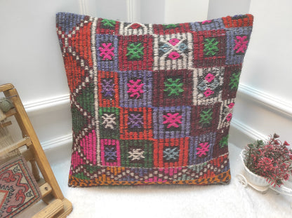 Handmade Kilim Pillow Cover: Upcycled Woven Rug, 20x20 inches