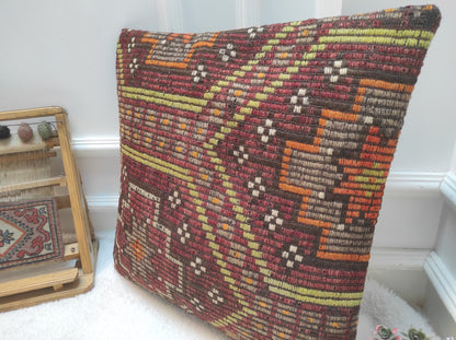 Handmade Kilim Pillow Cover: Upcycled Woven Rug, Bohemian Decor (50x50 cm)