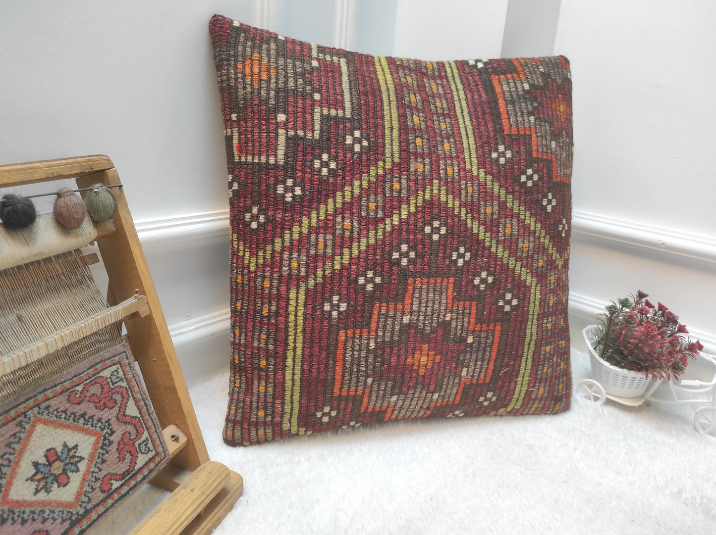 Handmade Kilim Pillow Cover: Upcycled Woven Rug, 20x20 inch